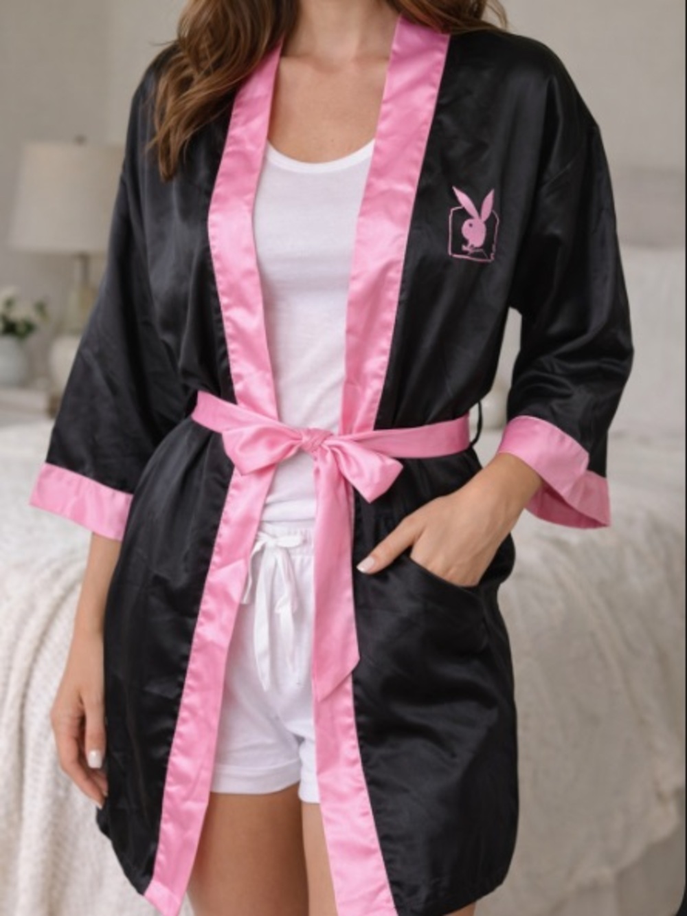 Playboy TV Satin Robe Black Pink Tie Front Size Small / Medium